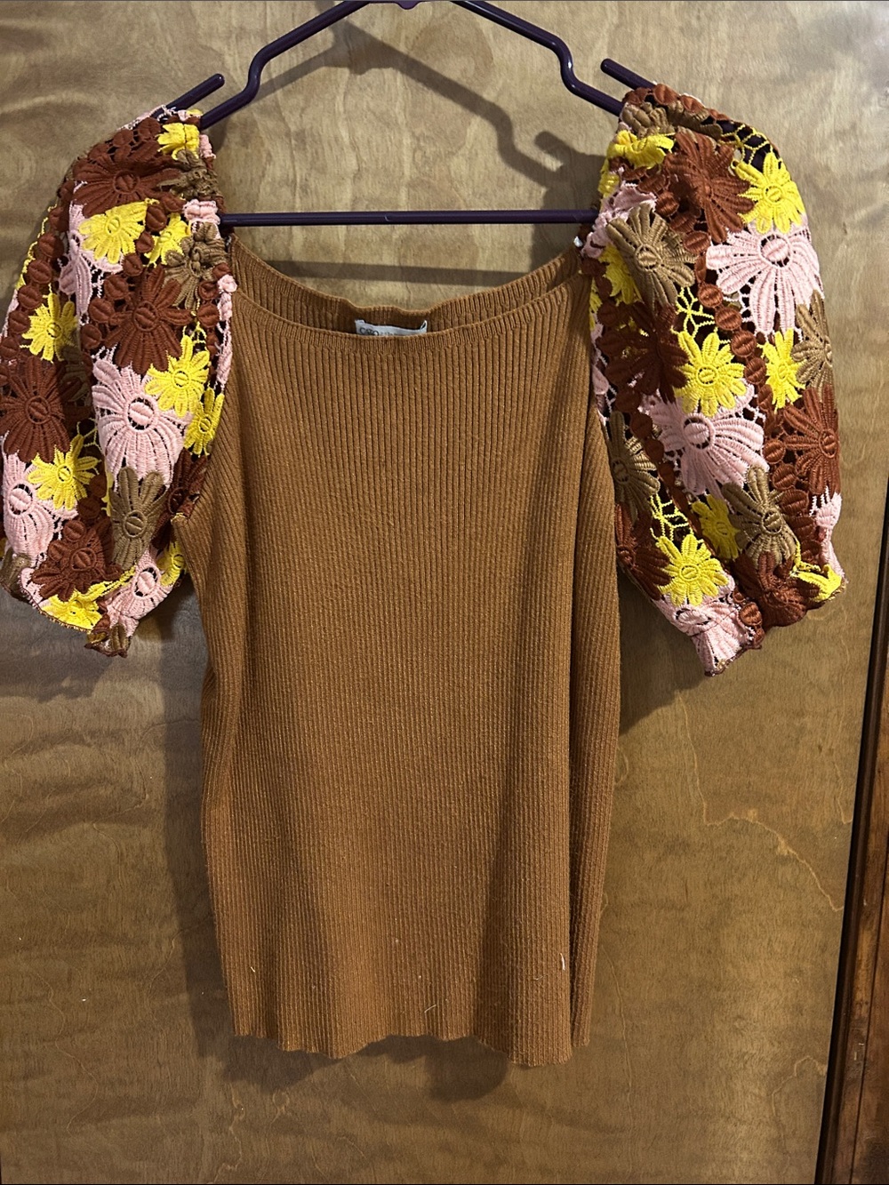 Cato One-Shoulder Brown Knit Dress with Floral Crochet Puff Sleeve